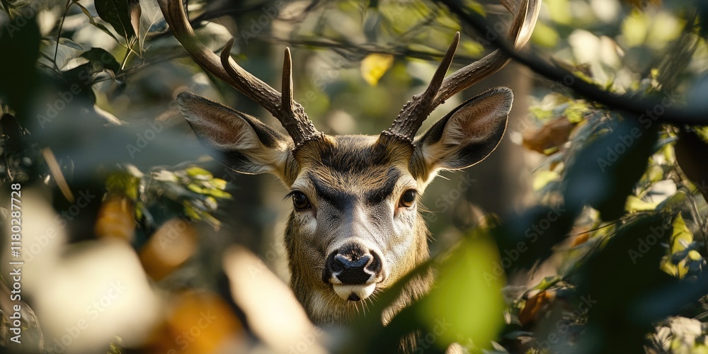 Poster a deer's face in a natural environment with trees and foliage