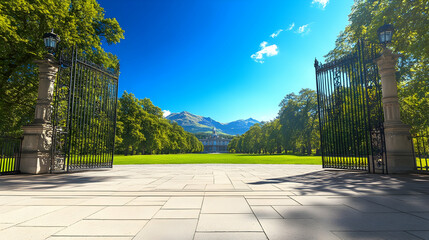 Open gates lead to a grand estate, lush green park, and majestic mountains under a brilliant blue sky.  Ideal for travel, real estate, or luxury brochures.
