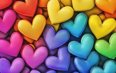 A background of interlocking hearts in rainbow colors, symbolizing love and unity