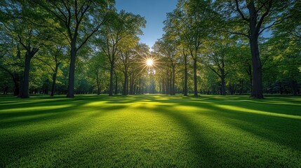 Obraz premium Sun shining through trees in park with lush green grass.