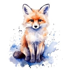 Obraz premium Watercolor fox sitting calmly on blue splashes