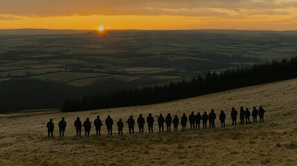 Silhouetted group on hilltop at sunrise.