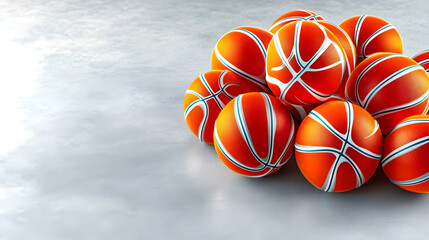 Pile of basketballs on a light gray surface; background is blurred; suitable for sports themes or advertising.