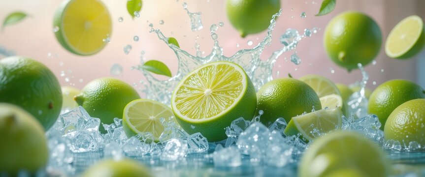 Limes falling with a splash of water and ice, pastel blurred background. Falling fruits concept for restaurants and bars menu