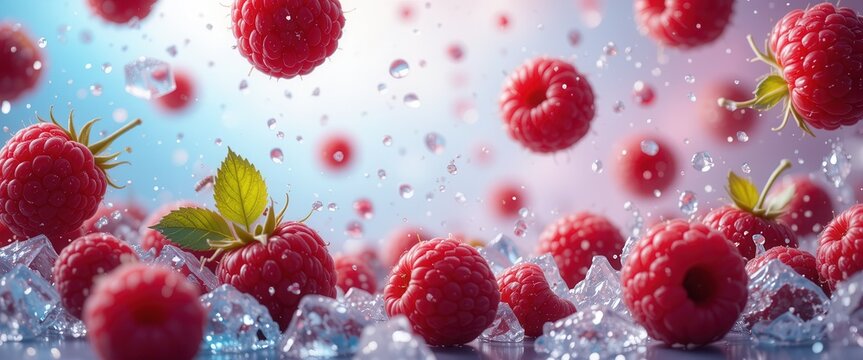 Raspberries and mint falling with a splash of water and ice, pastel blurred background. Falling fruits concept for restaurants and bars menu