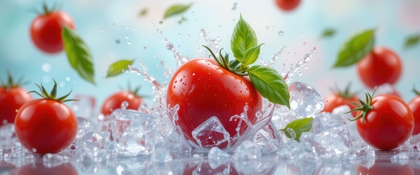 Tomatoes falling with a splash of water and ice, pastel blurred background. Falling fruits concept for restaurants and bars menu
