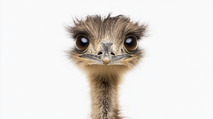 Close-up portrait of an emu chick against a white background.