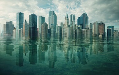 Naklejka premium A submerged cityscape with buildings partially underwater, depicting rising sea levels