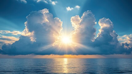 Sunlight shines through clouds above ocean at sunset for travel, nature.