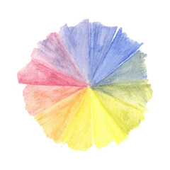 Radial color wheel in blue, red, and yellow tones. Hand drawn watercolor crayon clipart. Perfect for educational posters, art projects, or creative additions to craft and stationery products