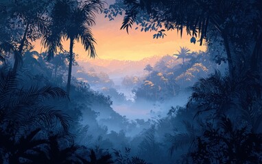 A misty jungle at sunrise with layers of trees fading into the distance