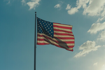 Fototapeta premium Flagge der USA weht vor einem bunten Himmel