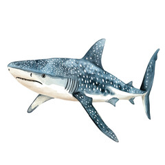 A watercolor painting of a whale shark gliding through the depths, isolated on a white background. Whale shark vector.
