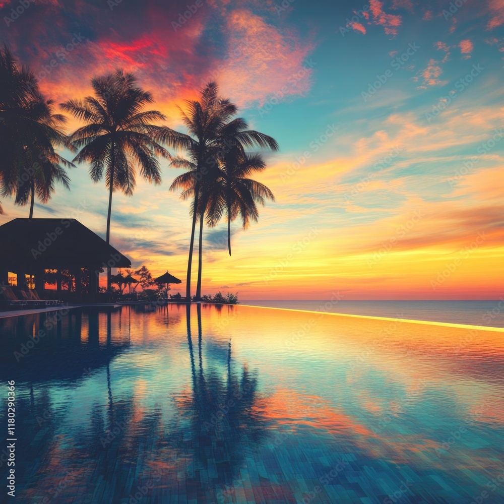 Poster A serene pool scene at sunset with palm trees and calm water, suitable for use in travel or leisure related projects