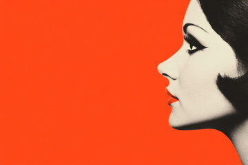 A woman's face is shown on a red background