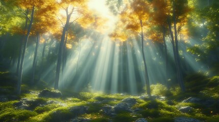 Obraz premium Sunbeams through autumn forest. (1)