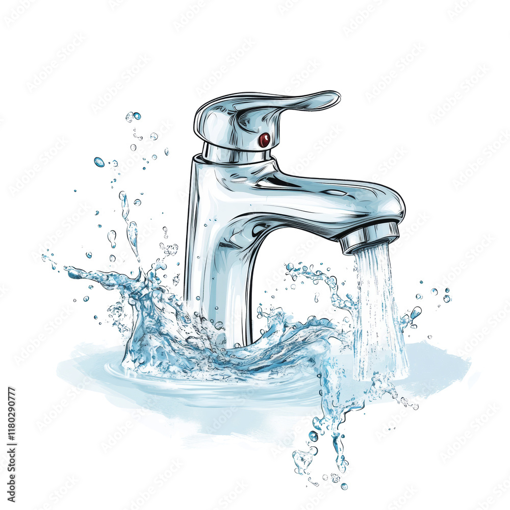 Poster a stylized illustration depicts a chrome faucet with water splashing dynamically from its spout.