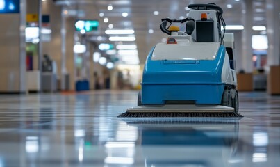 Obraz premium Close-Up of Floor Cleaning Machine Operated in Commercial Building