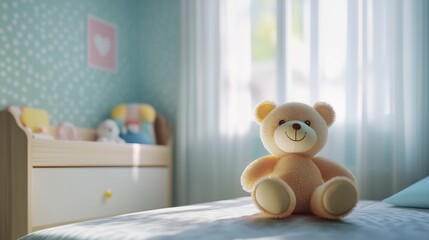 Przytulny kącik dziecięcy, w którym słoneczne światło pada na misia siedzącego obok kolorowej poduszki na wygodnym łóżku.
