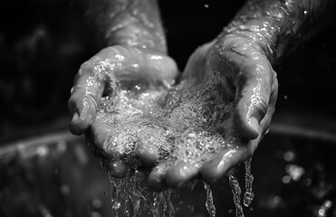 Black and white Close up Washing hands rubbing with soap for prevention. Hygiene and cleaning hands. 