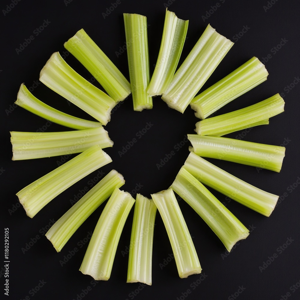 Aufkleber Fresh celery stalks arranged in a circular pattern on a dark background