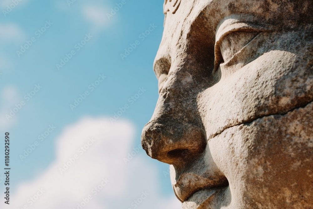 Poster a detailed view of a statue featuring a person's facial features, suitable for use in art history or