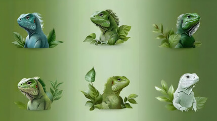 Six iguanas in lush foliage, digital illustration for website banners or pet shop marketing.