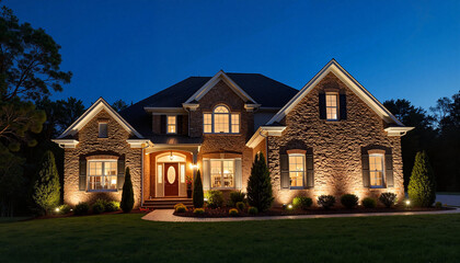 Beautiful brick house illuminated at night