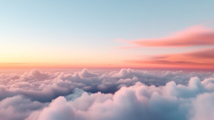 Fluffy clouds in pink and blue hues float above a serene horizon, painting a dreamy sky at dawn or dusk.