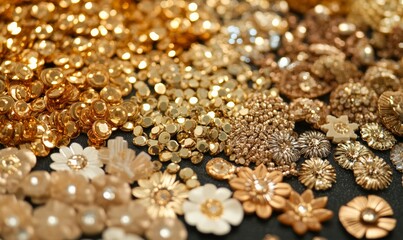 Collection of small gold sequins and beads, ideal for crafting, jewelry, fashion, and textiles.