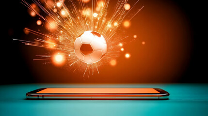 Soccer ball exploding from smartphone screen, celebrating victory.  Use Sports betting app advertisement.