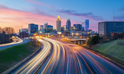 Cityscape at Twilight with Light Trails on Urban Highway