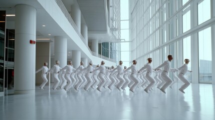 A synchronized group of dancers in white leap gracefully in a spacious, modern architectural...