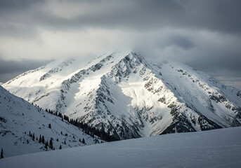 Obraz premium Mountain covered in snow under a cloudy sky