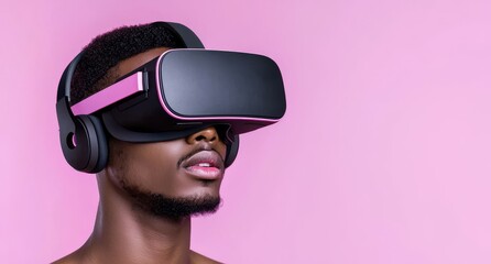 Fototapeta premium An online banner showcasing a young African man using a VR headset. VR concept.