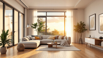 Modern japandi living room with large windows, a white sectional sofa, and various decorative elements such as potted plants and artwork.