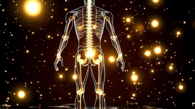 Human skeleton silhouette illuminated by glowing lights on a dark background