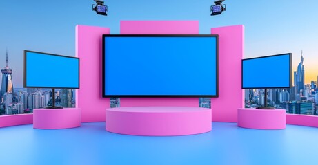 This high-resolution background for TV Studio Chat Set 2 was created using 3ds Max-Vray software and can be utilized in your virtual studios.