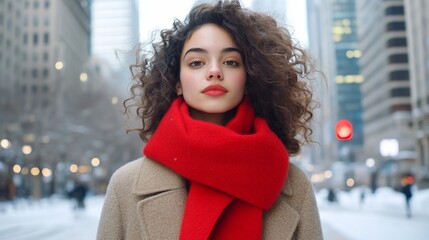 Woman, red scarf, city, winter, snow, portrait, confident, urban, style, fashion