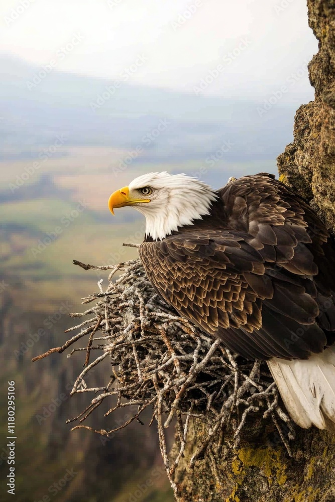Poster A bald eagle perched on its nest, with branches and twigs visible in the background