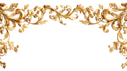 Golden picture frame with ornate details creating a classic border isolated on white background