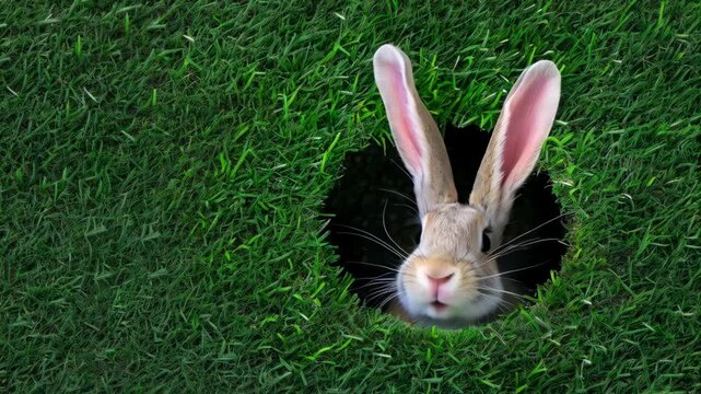 Easter bunny ears poking out of a hole in a garden.