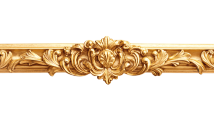 Golden picture frame with ornate details creating a classic border isolated on white background