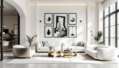 Modern art deco interior living room with white furniture, including a sofa, armchairs, and a coffee table, and a large abstract artwork on the wall.