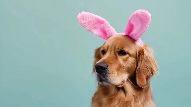 Portrait of a cute puppy wearing easter bunny ears. Happy easter concept.