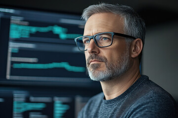 trading in an office, an adult man on background of computer screen with charts and graphs. work in financial market. modern technologies trading in office, adult man at computer. High quality photo