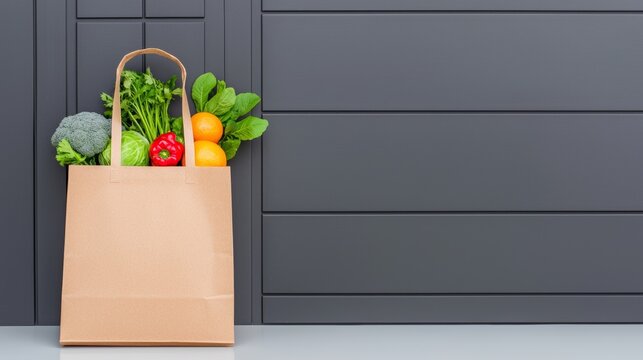 Fresh groceries in a shopping bag are placed at the doorstep of a house, representing the idea of contactless delivery. Stock.