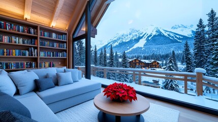 An interior setting for a virtual room with a bookshelf background decorated for Christmas, showcasing a home library and study, a window view of snowy mountains and hills, and holiday poinsettias,