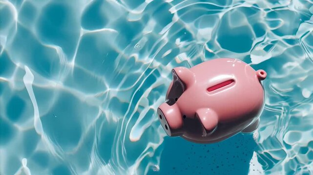 A piggy bank inflatable pool float floating in a summer swimming pool. Vacation finance concept.