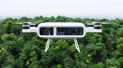 Drone delivery to a modern residence with lush green surroundings.